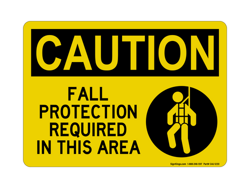 Fall Protection Required In This Area (Harness Symbol), Caution Sign