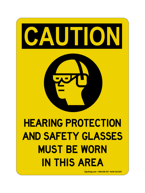 Hearing Protection And Safety Glasses Must Be Worn In This Area(PPE Symbol), Caution Sign
