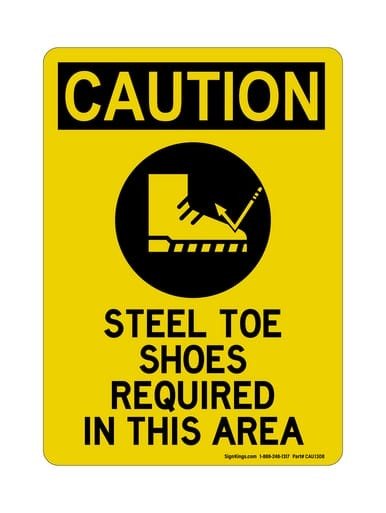 Steel Toe Shoes Required In This Area Vertical(PPE Symbol), OSHA Caution Sign (Part#: CAU1308)