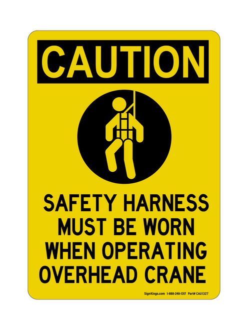 Safety Harness Must Be Worn When Operating Overheard Crane (PPE Symbol), Caution Sign