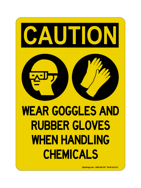 Wear Goggles And Rubber Gloves When Handling Chemicals (PPE Symbols), Caution Symbol