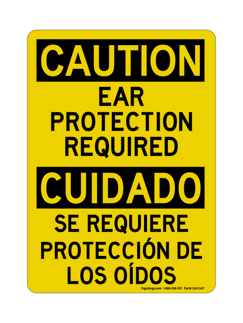 Ear Protection Required English/Spanish, Caution Sign