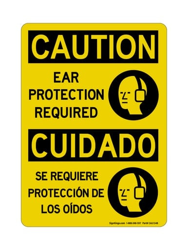 Ear Protection Required English/Spanish (PPE Symbol), OSHA Caution Sign (Part#: CAU1348)