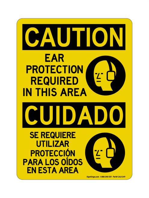 Ear Protection Required In This Area English/Spanish (PPE Symbol), Caution Sign