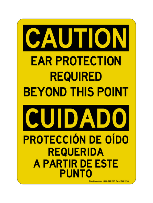 Ear Protection Required Beyond This Point English/Spanish Vertical, Caution Sign