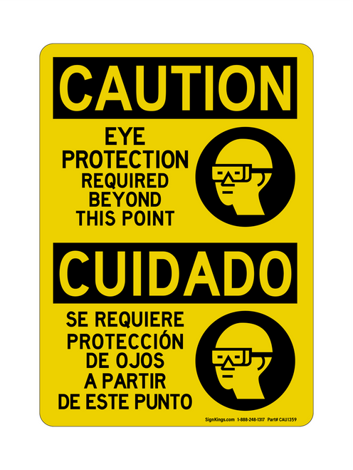 Eye Protection Required Beyond This Point English/Spanish (PPE Symbol), Caution Sign