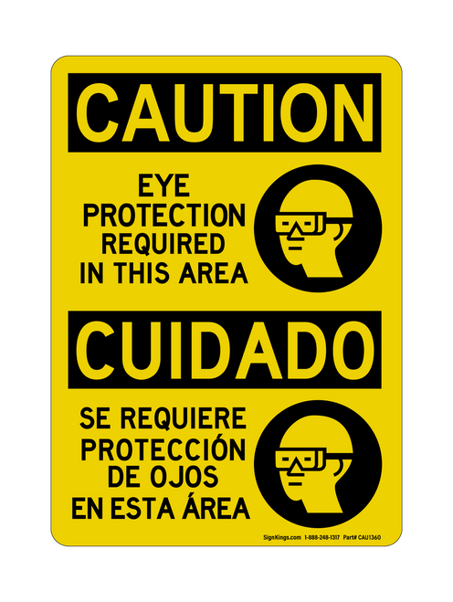 Eye Protection Required In This Area English/Spanish (PPE Symbol), Caution Sign