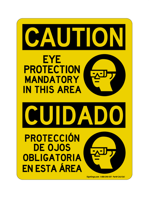 Eye Protection Mandatory In This Area English/Spanish (PPE Symbol), Caution Sign