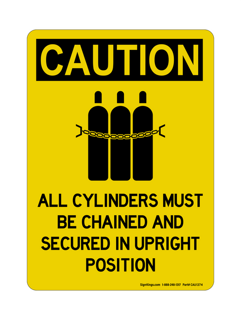 All Cylinders Must Be Chained And Secured In Upright Position (Chained Tanks Symbol), Caution Sign