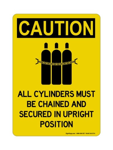 All Cylinders Must Be Chained And Secured In Upright Position (Chained Tanks Symbol) Verticle, OSHA Caution Sign (Part#: CAU1374)