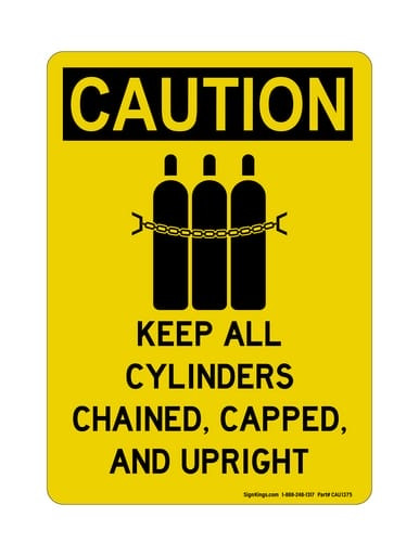 Keep All Cylinders Chained, Capped, And Upright (Chained Tanks Symbol), OSHA Caution Sign (Part#: CAU1375)