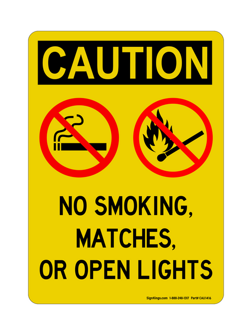 No Smoking, Matches Or Open Lights (No Smoking No Open Flames Symbols), Caution Sign