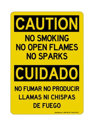 No Smoking No Open Flames No Sparks English/Spanish, OSHA Caution Sign (Part#: CAU1417)