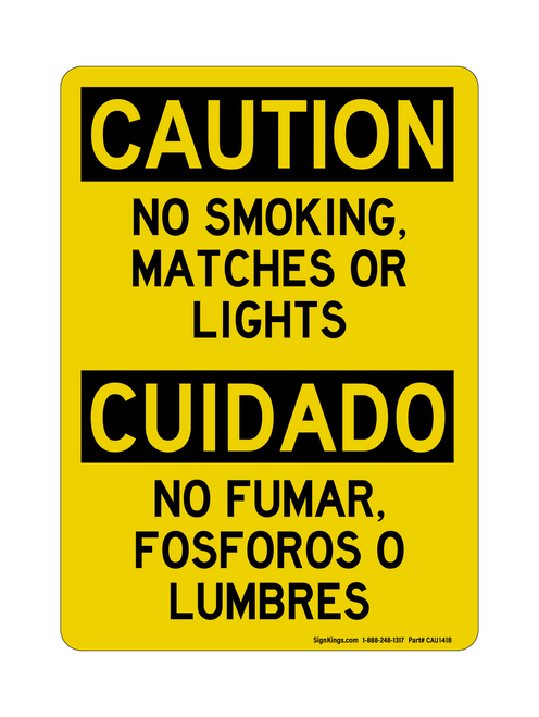 No Smoking, Matches Or Lights English/Spanish, Caution Sign