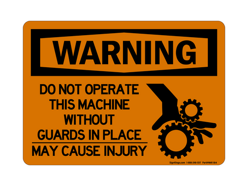 Do Not Operate This Machine Without Guards In Place May Cause Injury (Crush Hand Symbol), Warning Sign