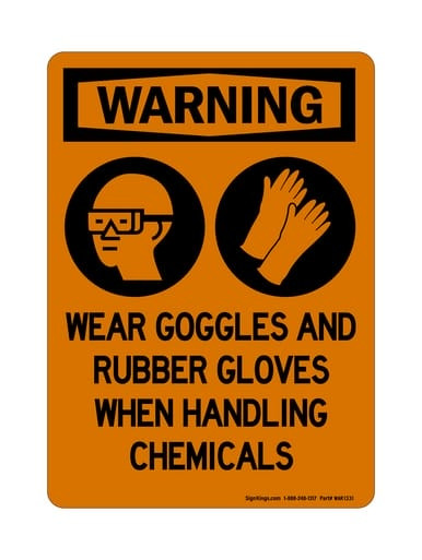 Wear Goggles And Rubber Gloves When Handling Chemicals (PPE Symbols), OSHA Warning Sign (Part#: WAR1331)