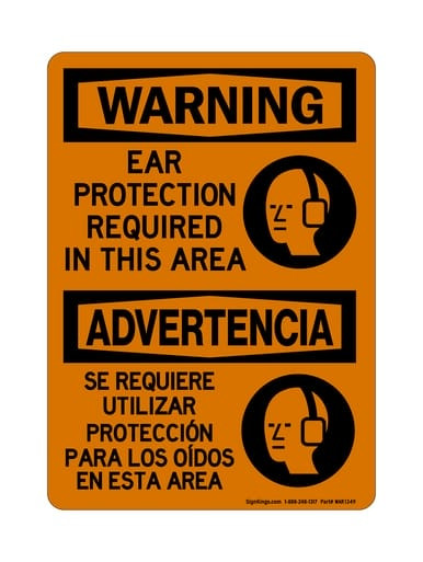 Ear Protection Required In This Area English/Spanish (PPE Symbol), OSHA Warning Sign (Part#: WAR1349)