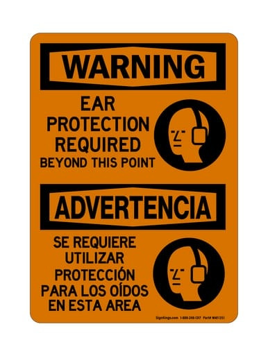 Ear Protection Required Beyond This Point English/Spanish (PPE Symbol), OSHA Warning Sign (Part#: WAR1351)