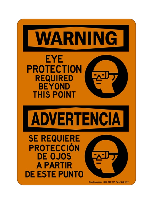 Eye Protection Required Beyond This Point English/Spanish (PPE Symbol), Warning Sign