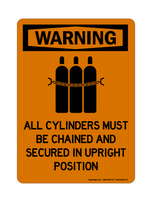 All Cylinders Must Be Chained And Secured In Upright Position (Chained Tanks Symbol), Warning Sign