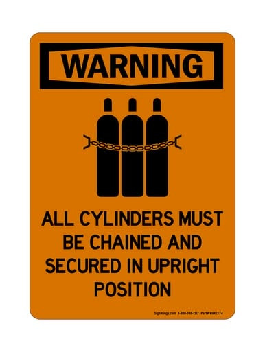 All Cylinders Must Be Chained And Secured In Upright Position (Chained Tanks Symbol), OSHA Warning Sign (Part#: WAR1374)