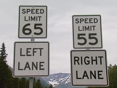Speed limit signs with left and right lane plaques