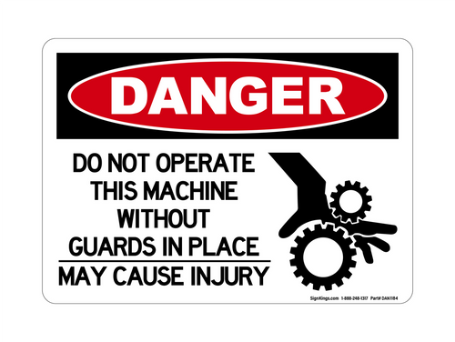 Do Not Operate This Machine Without Guards In Place May Cause Injury (Crush Hand Symbol), Danger Sign
