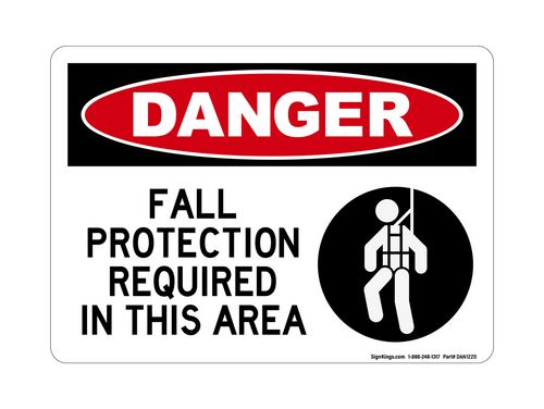 Fall Protection Required In This Area (Harness Symbol), Danger Sign