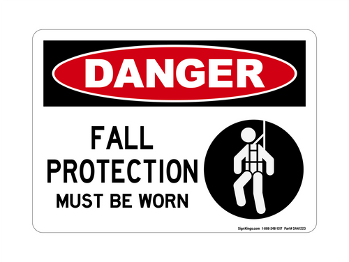 Fall Protection Must Be Worn (Harness Symbol), Danger Sign