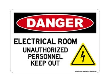Electrical Room Unauthorized Personnel Keep Out (Electric Warning Symbol), OSHA Danger Sign (Part#: DAN1240)