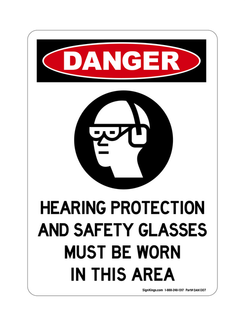 Hearing Protection And Safety Glasses Must Be Worn In This Area (PPE Symbol), Danger Sign