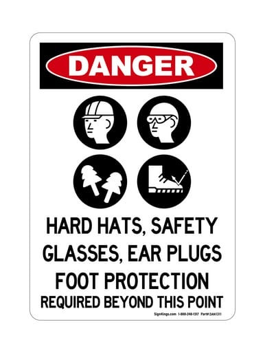 Hard Hats, Safety Glasses, Ear Plugs Foot Protection Required Beyond This Point (PPE Symbols), OSHA Danger Sign (Part#: DAN1311)
