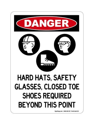 Hard Hats, Safety Glasses, And Safety Shoes Required in This Area At All Times (PPE Symbols), OSHA Danger Sign (Part#: DAN1313)