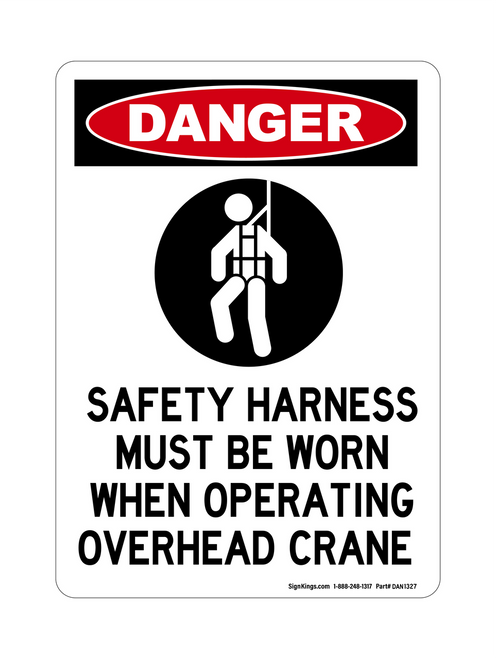 Safety Harness Must Be Worn When Operating Overhead Crane (PPE Symbol), Danger Sign