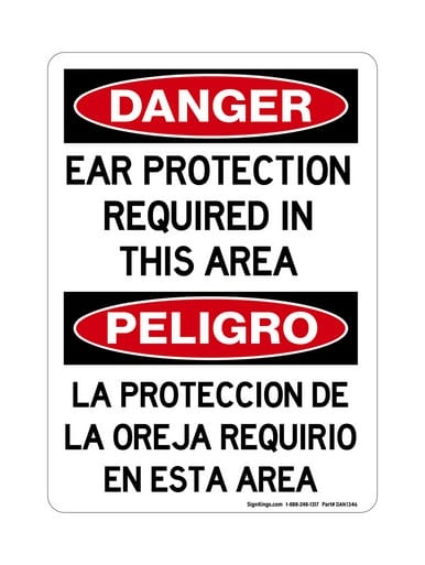 Ear Protection Required In This Area English/Spanish, OSHA Danger Sign (Part#: DAN1346)
