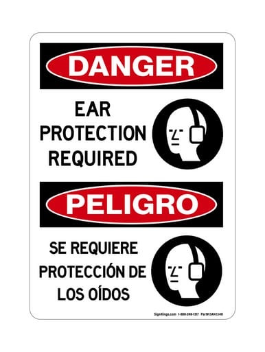 Ear Protection Required English/Spanish (PPE Symbol), OSHA Danger Sign (Part#: DAN1348)