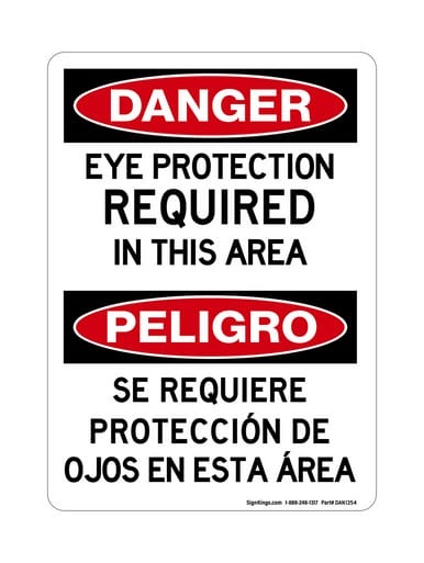 Eye Protection Required In This Area English/Spanish, OSHA Danger Sign (Part#: DAN1354)