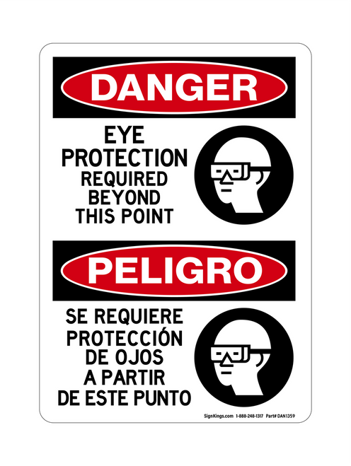 Eye Protection Required Beyond This Point English/Spanish (PPE Symbol), Danger Sign