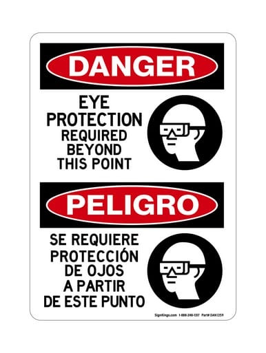Eye Protection Required Beyond This Point English/Spanish (PPE Symbol), OSHA Danger Sign (Part#: DAN1359)