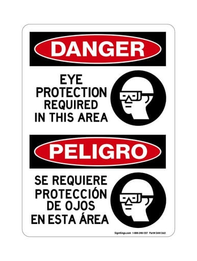 Eye Protection Required In This Area English/Spanish (PPE Symbol), OSHA Danger Sign (Part#: DAN1360)