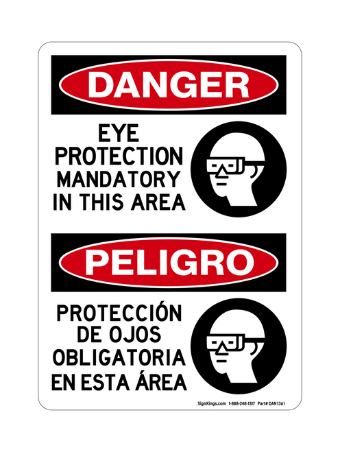 Eye Protection Mandatory In This Area English/Spanish (PPE Symbol), Danger Sign