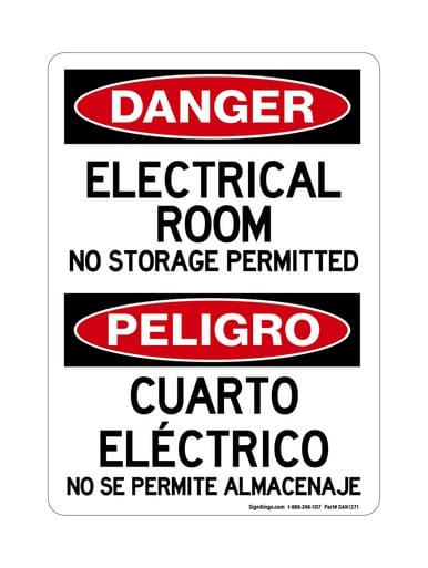 Electrical Room No Storage Permitted English/Spanish, OSHA Danger Sign