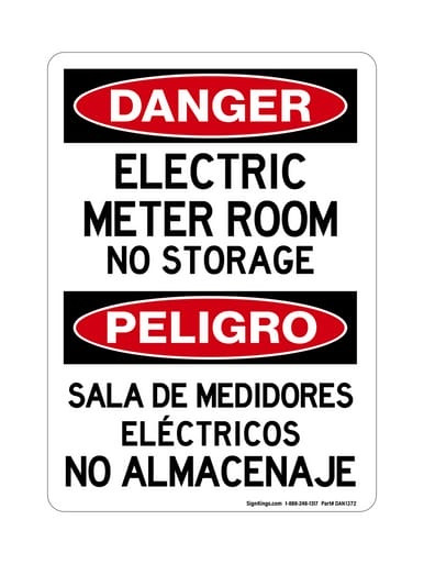 Electric Meter Room No Storage English/Spanish, OSHA Danger Sign