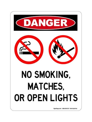 No Smoking, Matches, Or Open Lights (No Smoking Or Flames Symbols), OSHA Danger Sign