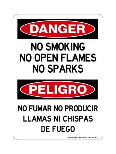 No Smoking No Open Flames No Sparks English/Spanish, OSHA Danger Sign