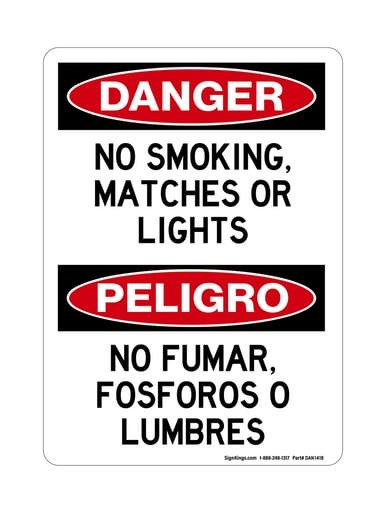 No Smoking, Matches, Or Lights English/Spanish, OSHA Danger Sign