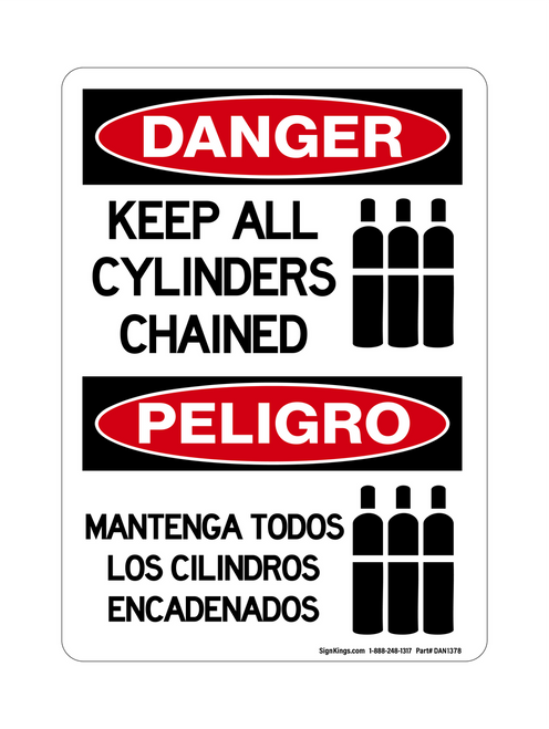 Keep All Cylinders Chained (Chained Tanks Symbol) English/Spanish, Danger Sign