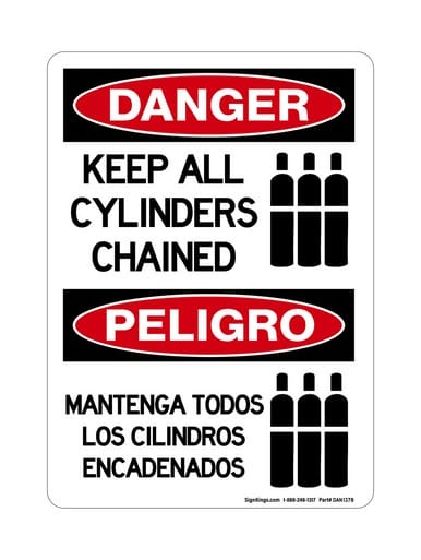 Keep All Cylinders Chained (Chained Tanks Symbol) English/Spanish, OSHA Danger Sign