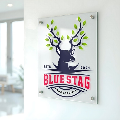 Example of a professional Vertical custom acrylic sign for "Blue Stag Landscaping".