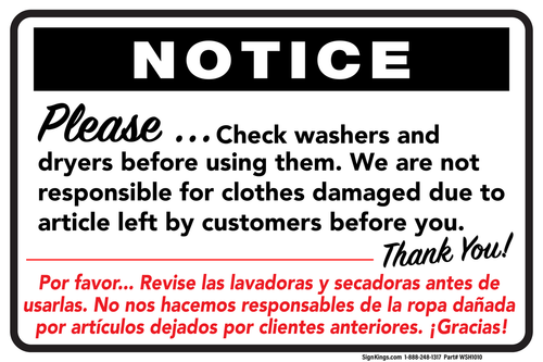 Please Check Washers And Dryers Before Using Them, Laundromat Sign , 18"x12"